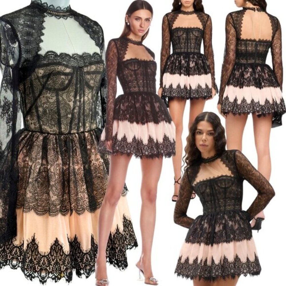 🆕 BRONX & BANCO 🧿 NWOT Daphne Illusion Lace Long Sleeve Mini Dress, Sz S US 4
